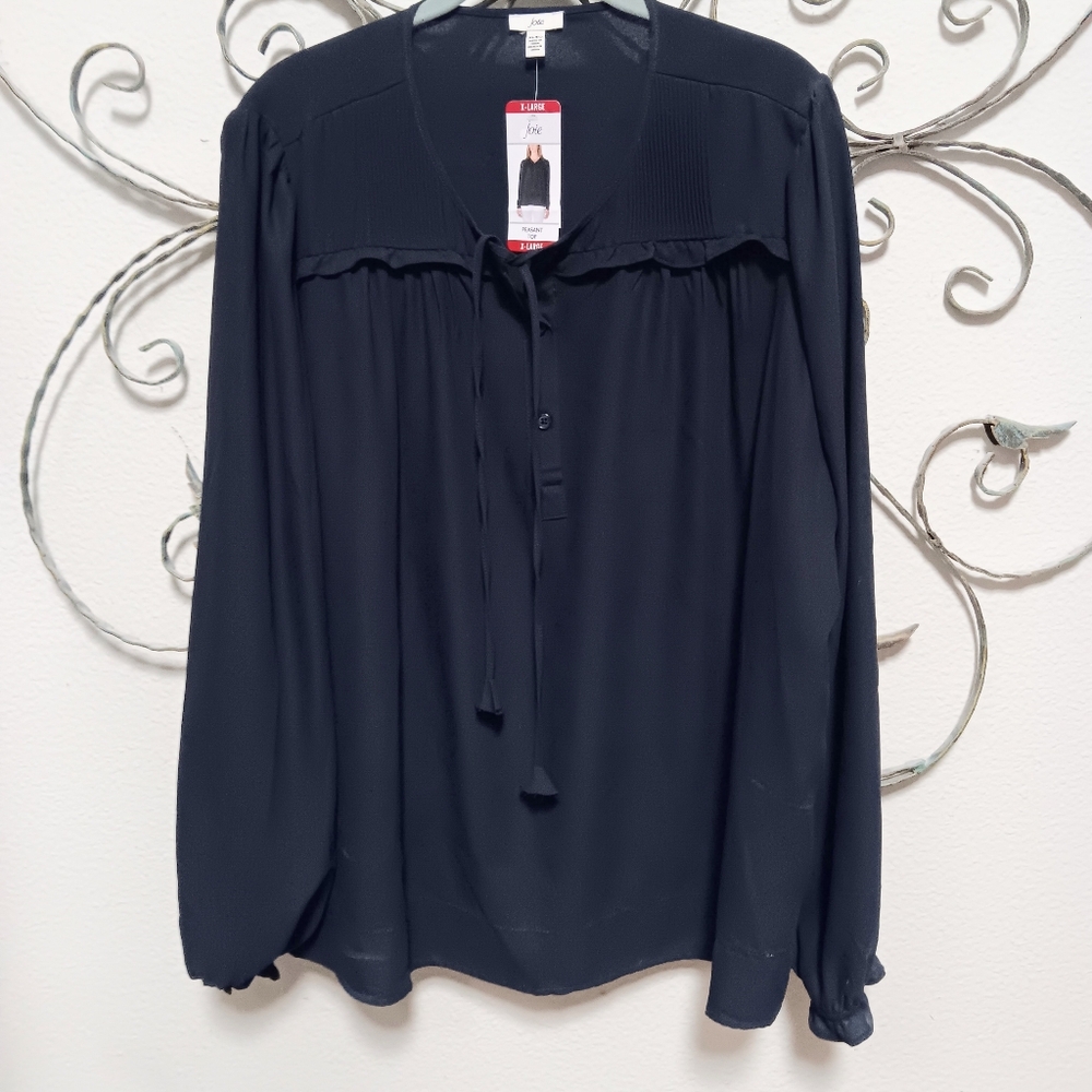 JOIE navy poly pleat ruffle peasant NWT top, XL